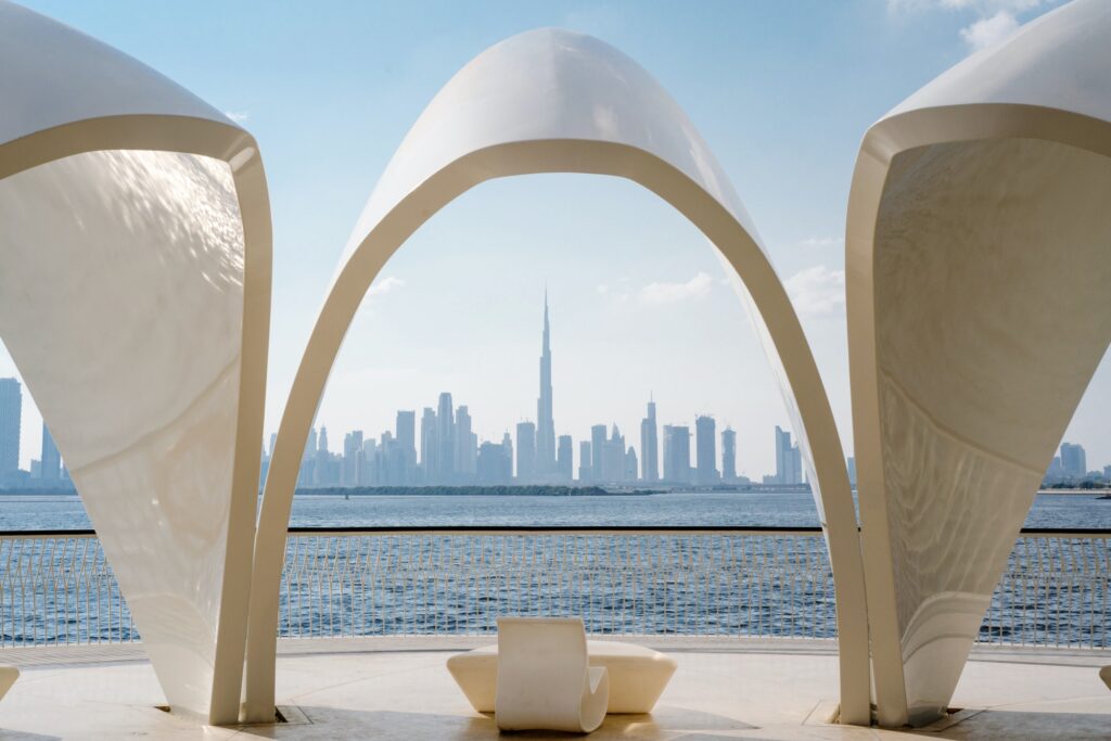 Dubai skyline view with an arch
