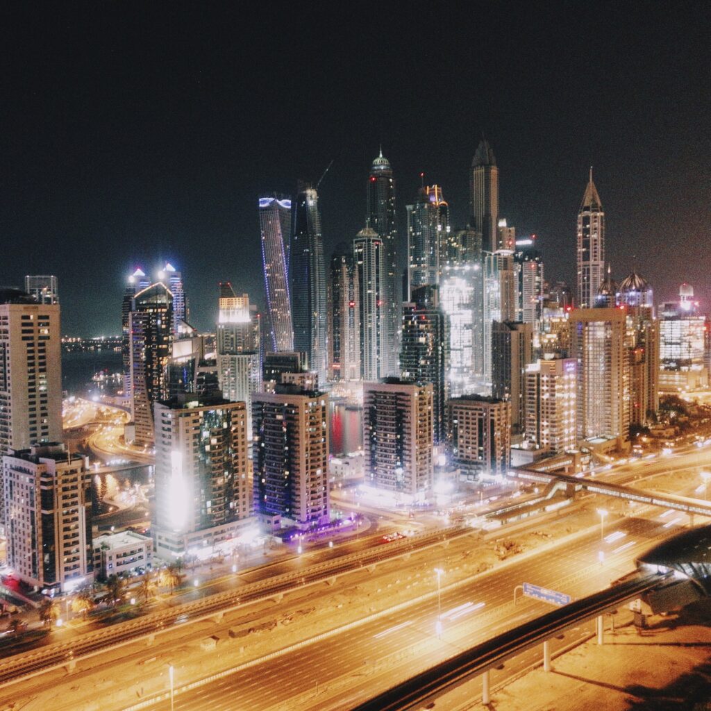 View on Sheikh Zaid Road , and Dubai Marina at night